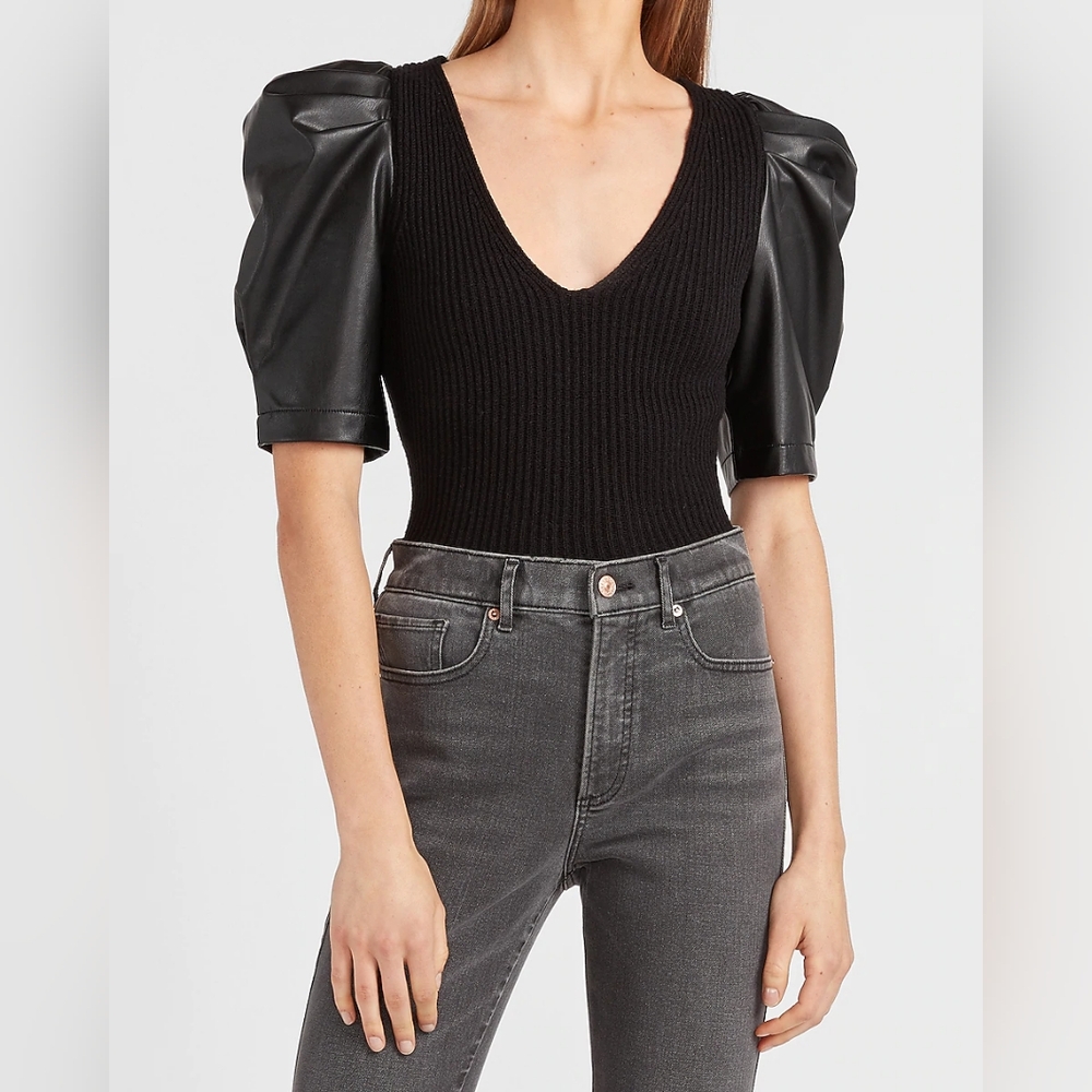 Express Faux Leather Puff Sleeve V-Neck Top